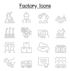 Factory, Industrial Building, Manufacturing icon set in thin line style