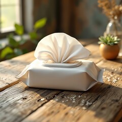 Natural home cleaning wipes captured in a detailed AI macro shot on wood.