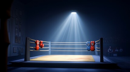 Empty Boxing Ring with Gloves Hanging and a Spotlight Shining on the Canvas