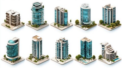 Fototapeta premium Illustrated modern building icons including offices and residential towers on white background