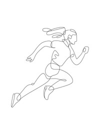 One line art of a female person running a vector art illustration