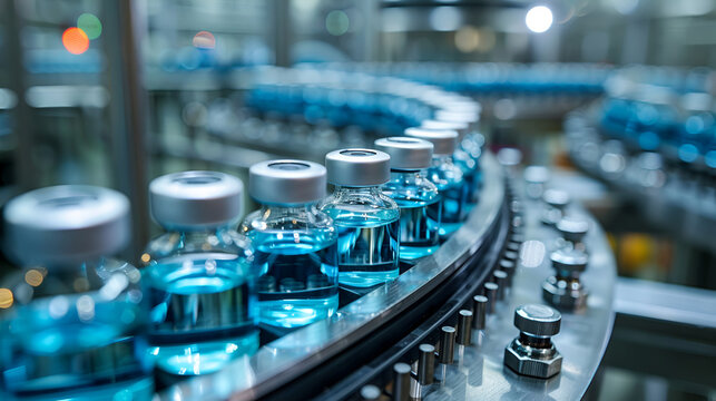 Pharmaceutical manufacturing process with vial bottles on automated production line