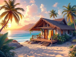 Obraz premium Retro beach house badge, vibrant colours, tropical design.