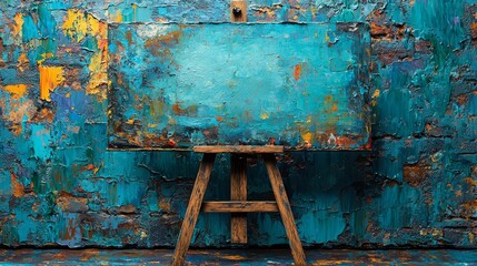 A painting on an easel in front of a blue wall