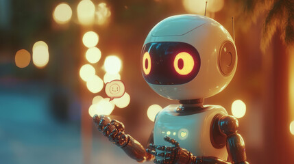 AI chatbot in image robot or cyborg holding in hand message bubbles. Online AI chat bot talk through messenger with user. Technical support bot, internet assistance with artificial intelligence or AI