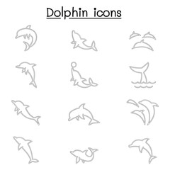 Fototapeta premium Dolphin icon set in thin line style