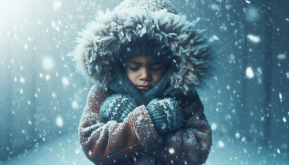 A child shivering in cold and snowy weather