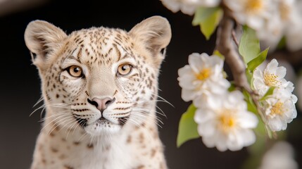 Obraz premium A close up of a leopard's face with white flowers in the background