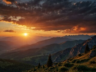 Fototapeta premium Sunset in the mountains in high-definition.