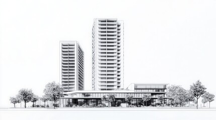 Illustrated modern building icons of buildings including offices and residential towers on white background