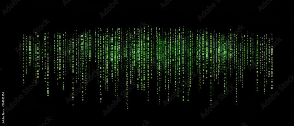 Poster digital rain of green binary code on a black background