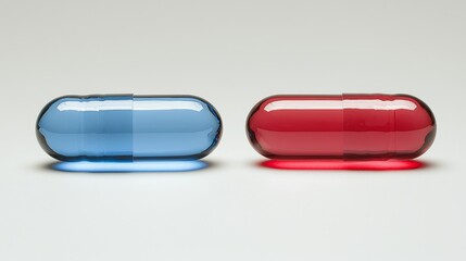 Two red and blue pills sitting side by side on a white surface