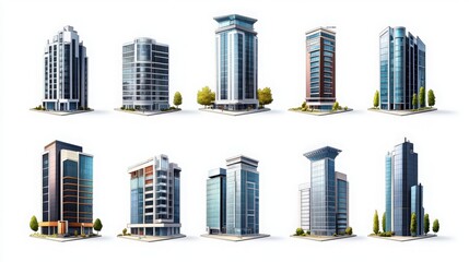 Obraz premium Illustrated modern building icons of buildings including offices and residential towers on white background