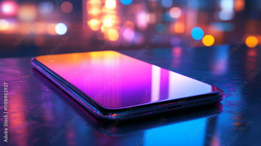 Wall mural phone with empty screen is on the table or reflection surface. smartphone lies on desktop. 3d isomet