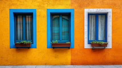 Three windows with blue shutters on a yellow wall