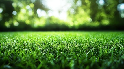 Fototapeta premium a close up of a green grass field with trees in the background
