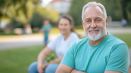 Naklejka premium Smiles and connections an elderly man celebrates family in urban park's joyful atmosphere