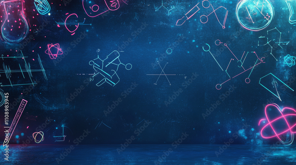 Fototapete double neon vertical frames or borders mock up on blue background in digital computer technology sty