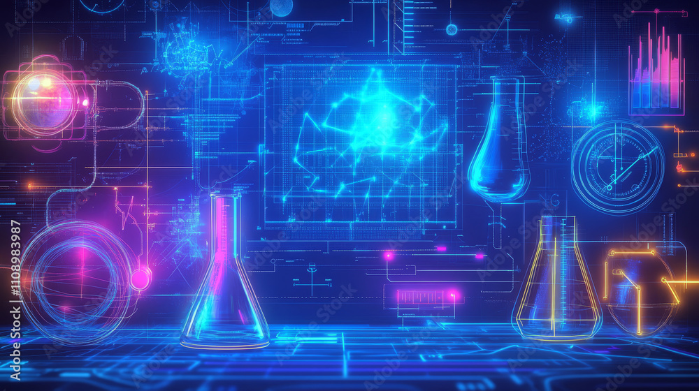 Wall mural double neon vertical frames or borders mock up on blue background in digital computer technology sty