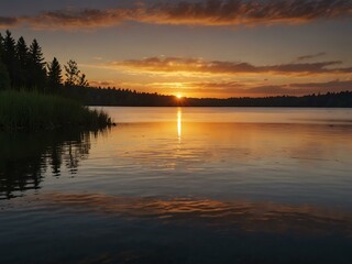 Fototapeta premium Sunset over a tranquil lake.