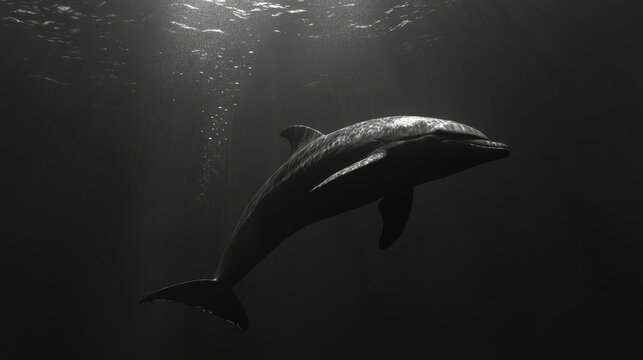 A black and white photo of a dolphin swimming in the ocean