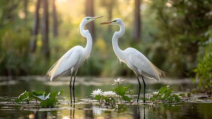Obraz premium Graceful egrets at sunrise capturing natural beauty in wetland wildlife photography