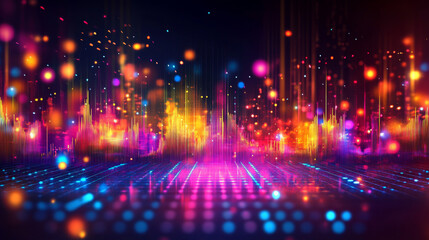 Obraz premium Abstract sound wave. Neon music tech background in nightclub. Equalizer visualizes music waves in technological cyber style. Light dots form of 3d surface images of round splash sounds vibrations