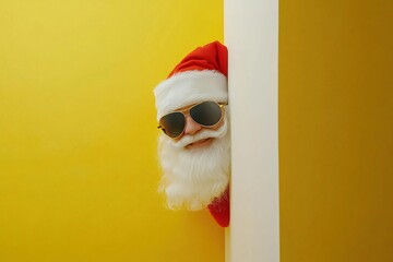 Santa Claus in sunglasses by Christmas tree on yellow background.