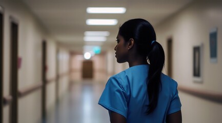 Une infirmière afro-américaine vue de dos se tenant dans un couloir d'hôpital vide, arrière-plan flou.