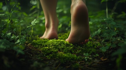 Close-up of Bare Feet Walking on Mossy Forest Floor, Connecting with Nature in a Lush Green Environment