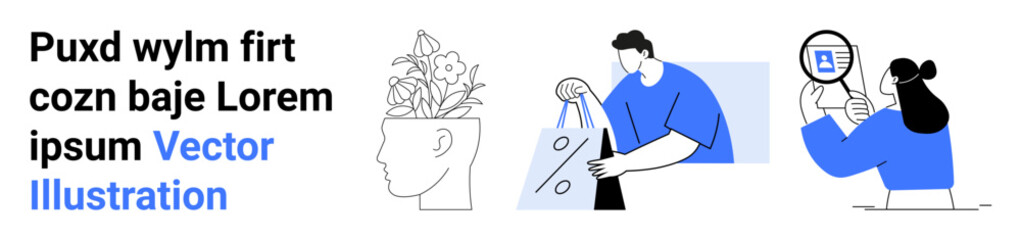 Abstract human head with plant, person holding shopping bags, woman using magnifying glass. Ideal for mental health, personal growth, e-commerce, search function, analytics, online shopping