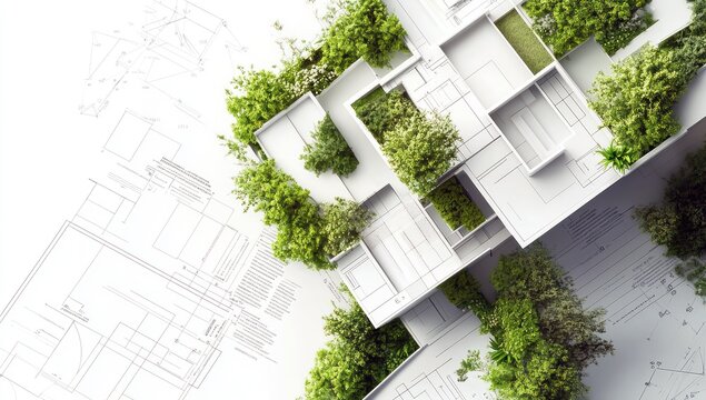 Habitation moderne avec v&eacute;g&eacute;tation luxuriante, entour&eacute;e de plans d'architecte symbolisant une atmosph&egrave;re de vie &eacute;cologique, durable et responsable en milieu urbain.
