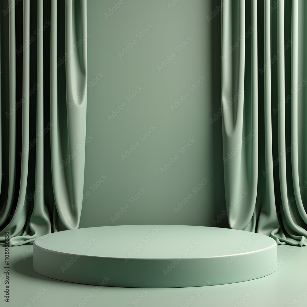 Poster empty stage with green curtains in a studio