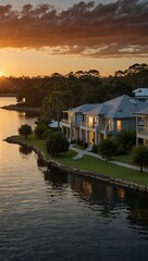 Fototapeta premium Sunset view over lakefront homes at Lake Cathie.