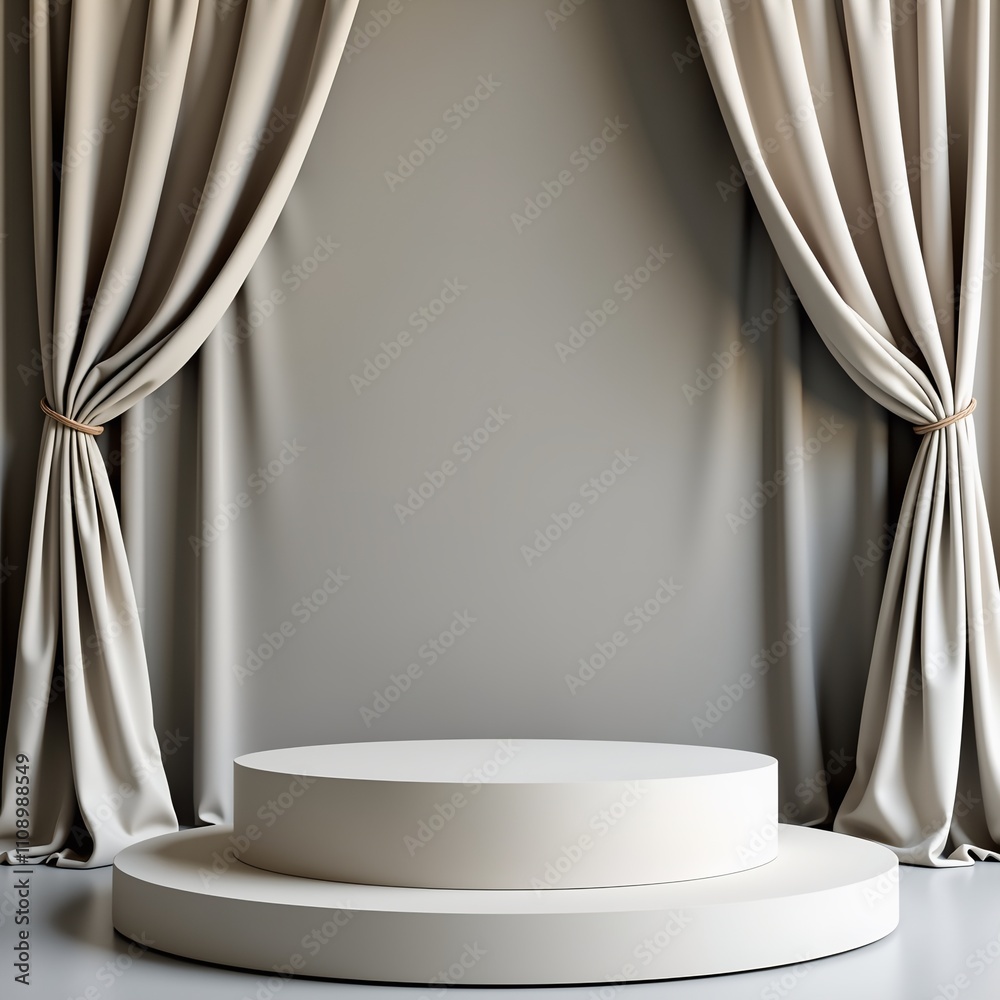 Poster empty stage with beige curtains in a studio