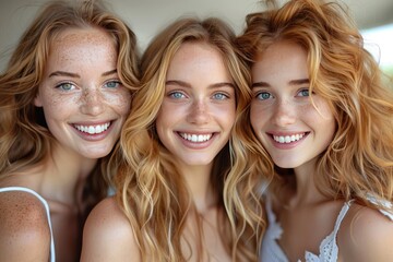 Three young women with radiant smiles pose together under soft natural light in a cheerful and relaxed setting