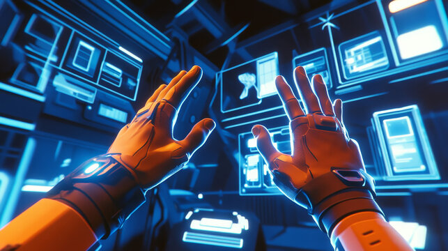 Gesture recognition in virtual and augmented reality. Hand tracking of virtual reality. Interface vr headsets. Sensors 3D scanning space for detecting the position of the fingers of the user. 