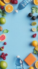 Fresh fruits, water bottles, and fitness gear on blue background.