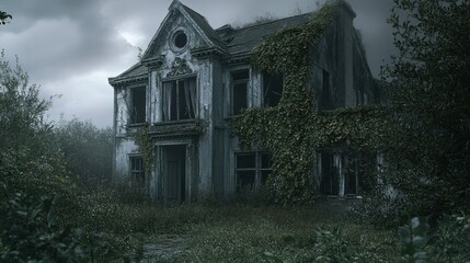 Obraz premium An abandoned Victorian house with broken windows, overgrown vines covering the walls, and a gloomy overcast sky in the background 