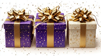 Obraz premium Three purple and gold gift boxes with gold ribbons and bows