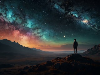Obraz premium Surreal dreamscape with a figure contemplating the cosmic expanse.