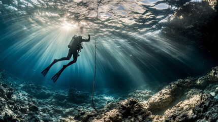 One scuba diver underwater. Back view. Diver look on big logo diving club underwater. Diver dives to the bottom of the sea, holding the rope, The sun's rays underwater. Scuba diving background.