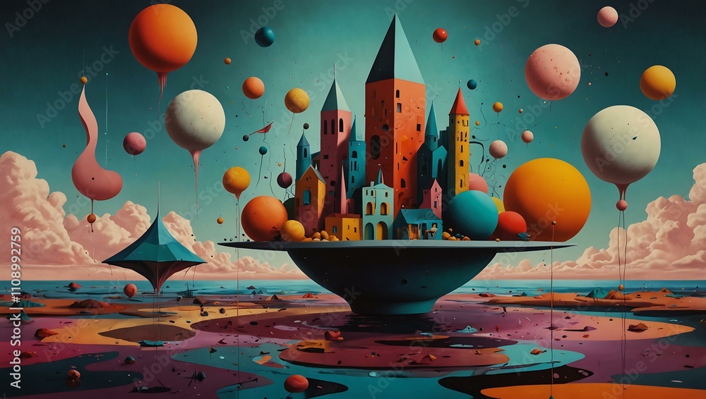 Wall mural Surrealist art with floating shapes and vibrant colors.