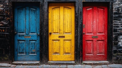 A row of colorful doors in front of a brick building