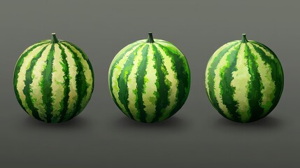 A set of three watermelons on a gray background