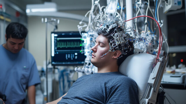 Сhipping of patient's human brain, Connecting the human brain to an electronic chip. Restoration of neural connections of paralyzed people. Microsurgery. New technologies in medicine and healthcare.