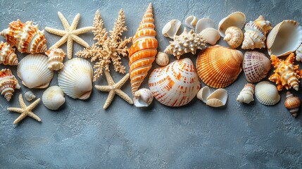 A variety of seashells and starfish on a gray surface