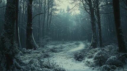 Obraz premium A path in the middle of a snowy forest