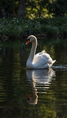 Fototapeta premium Swan gracefully reflected in still water.