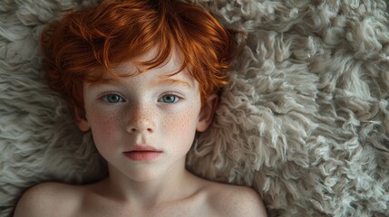 Fototapeta premium A young boy with red hair and freckles laying on a fluffy white blanket
